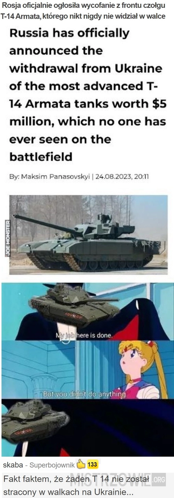 
    Rosja oficjalnie ogłosiła wycofanie z frontu czołgu T-14 Armata