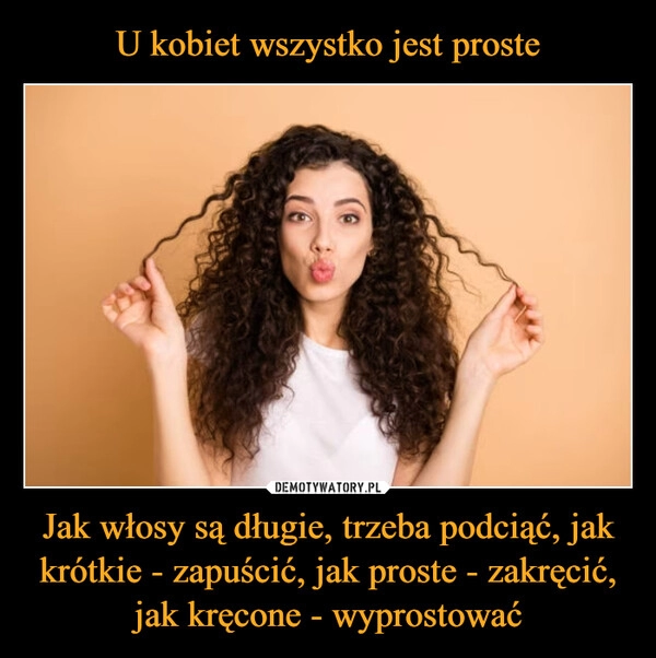 
    U kobiet wszystko jest proste Jak włosy są długie, trzeba podciąć, jak krótkie - zapuścić, jak proste - zakręcić, jak kręcone - wyprostować