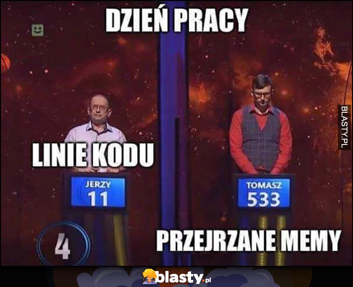 
    Dzień pracy: linie kodu 11 vs przejrzane memy 533 1 z 10 jeden z dziesięciu