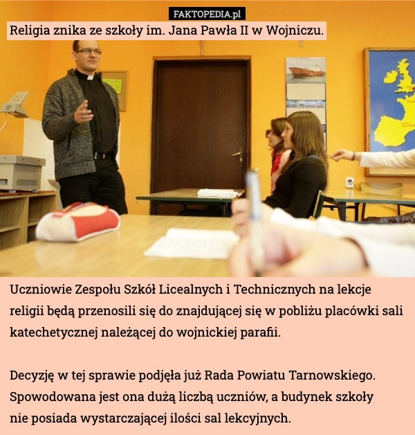 
    Religia znika ze szkoły im. Jana Pawła II w Wojniczu.