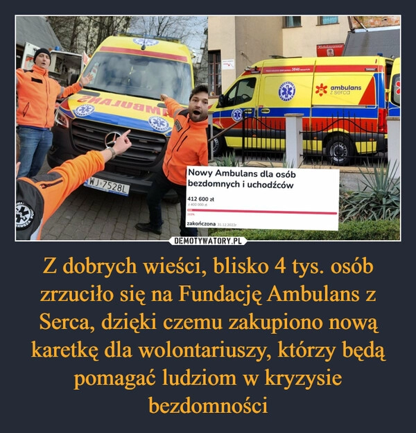 
    Z dobrych wieści, blisko 4 tys. osób zrzuciło się na Fundację Ambulans z Serca, dzięki czemu zakupiono nową karetkę dla wolontariuszy, którzy będą pomagać ludziom w kryzysie bezdomności