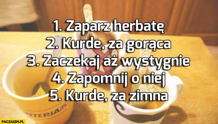 
    Zaparz herbatę: za gorąca, zaczekaj aż wystygnie, zapomnij o niej, za zimna