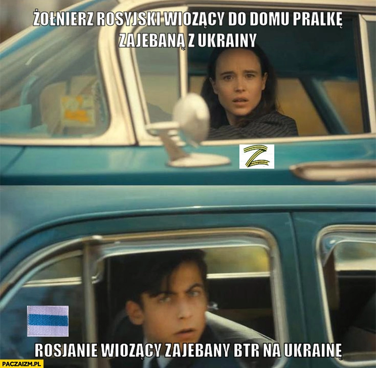 
    Żołnierz rosyjski wiozący do domu kradziona pralkę vs rosjanie wiozący kradziony BTR na Ukraine