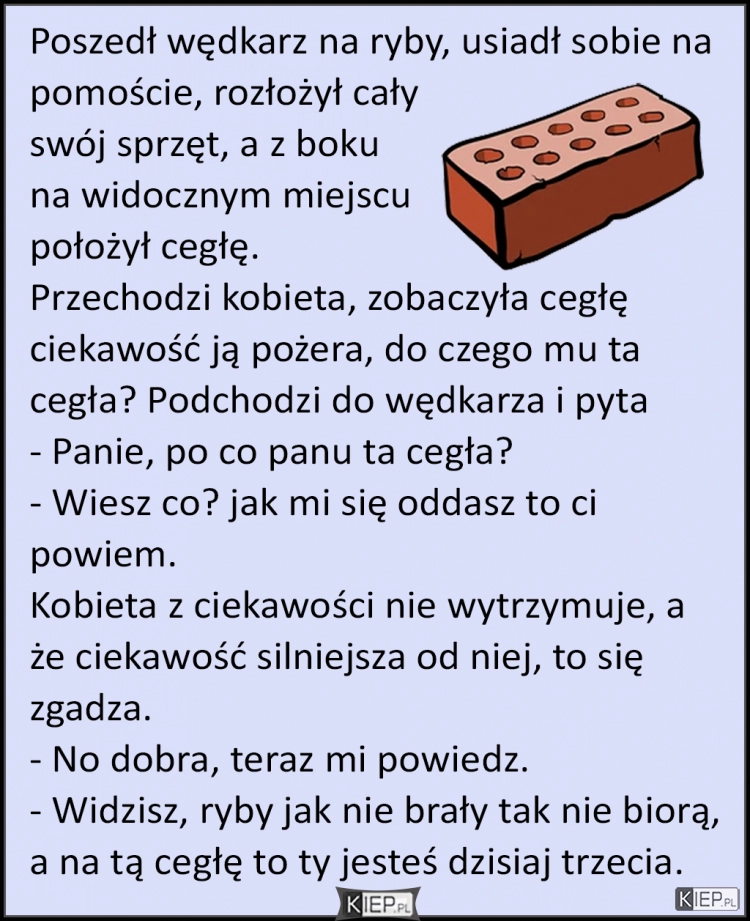 
    Poszedł wędkarz na ryby, usiadł sobie na pomoście, rozłożył cały swój sprzęt, a z boku na widocznym miejscu położył...