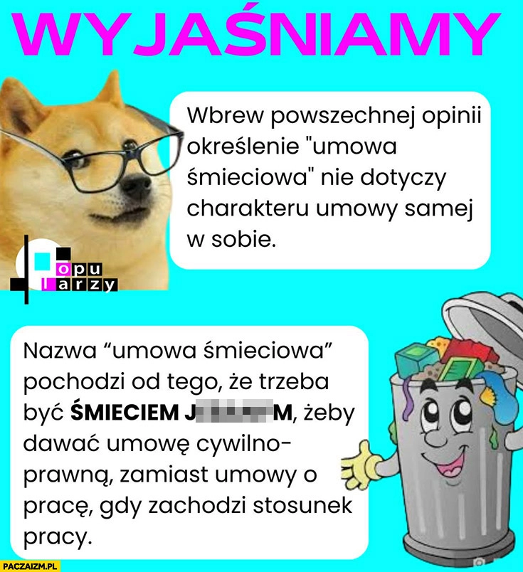 
    Wyjaśniamy: określenie umowa śmieciowa nie dotyczy charakteru umowy, pochodzi od tego ze trzeba być śmieciem żeby ją mieć zamiast umowy o pracę