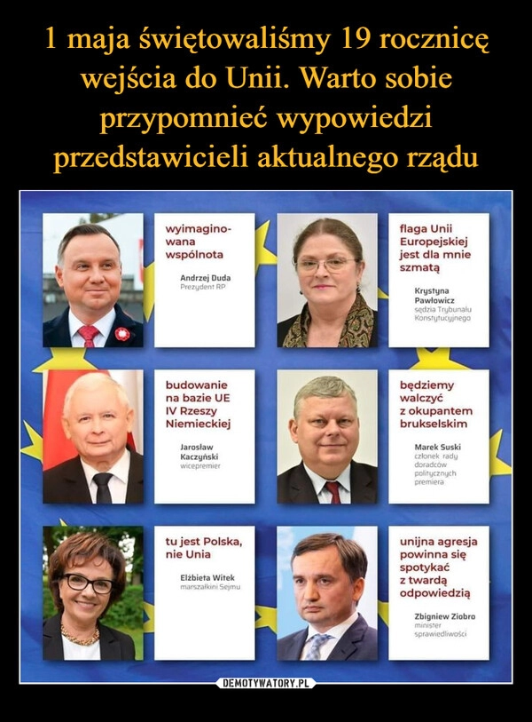 
    1 maja świętowaliśmy 19 rocznicę wejścia do Unii. Warto sobie przypomnieć wypowiedzi przedstawicieli aktualnego rządu