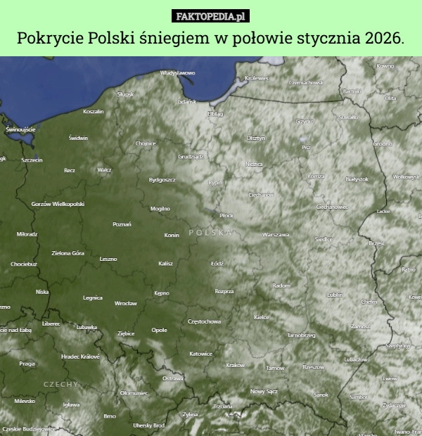 
    Pokrycie Polski śniegiem w połowie stycznia 2026.