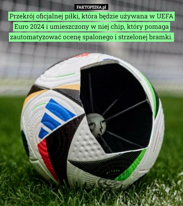 
    Przekrój oficjalnej piłki, która będzie używana w UEFA Euro 2024 i umieszczony