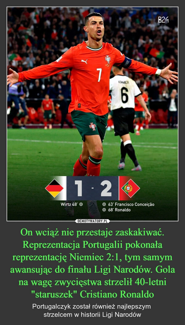 
    On wciąż nie przestaje zaskakiwać. Reprezentacja Portugalii pokonała reprezentację Niemiec 2:1, tym samym awansując do finału Ligi Narodów. Gola na wagę zwycięstwa strzelił 40-letni "staruszek" Cristiano Ronaldo