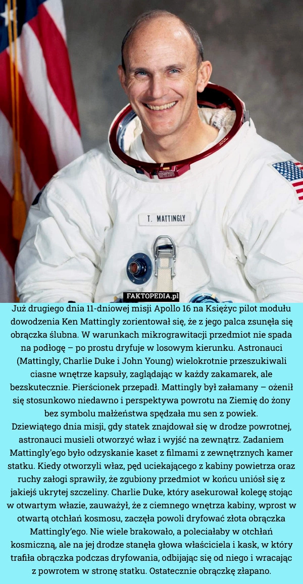 
    Już drugiego dnia 11-dniowej misji Apollo 16 na Księżyc pilot modułu dowodzenia
