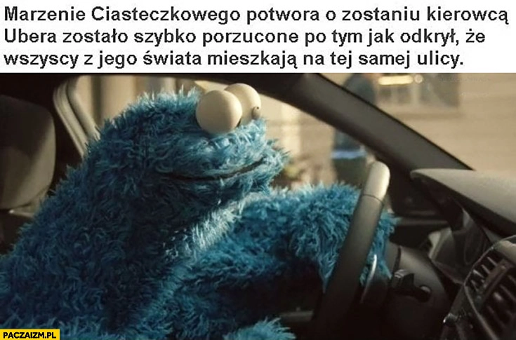 
    Marzenie ciasteczkowego potwora o zostaniu kierowcą ubera zostało szybko porzucone po tym jak odkrył, że wszyscy z jego świata mieszkają na tej samej ulicy