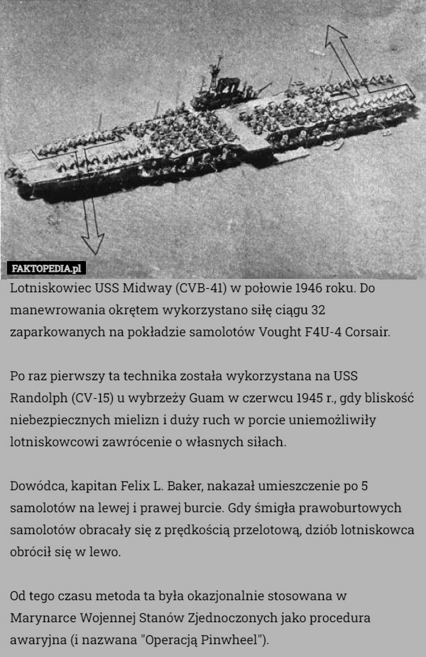 
    Lotniskowiec USS Midway (CVB-41) w połowie 1946 roku. Do manewrowania okrętem