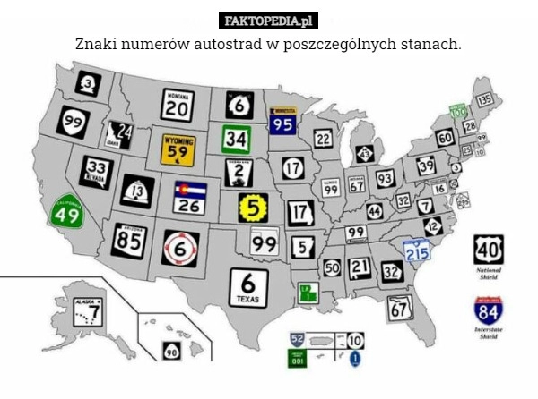 
    Znaki numerów autostrad w poszczególnych stanach.