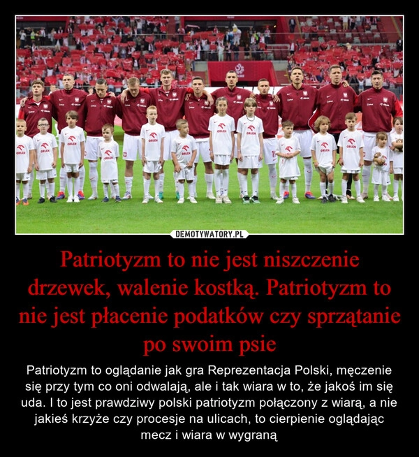 
    Patriotyzm to nie jest niszczenie drzewek, walenie kostką. Patriotyzm to nie jest płacenie podatków czy sprzątanie po swoim psie