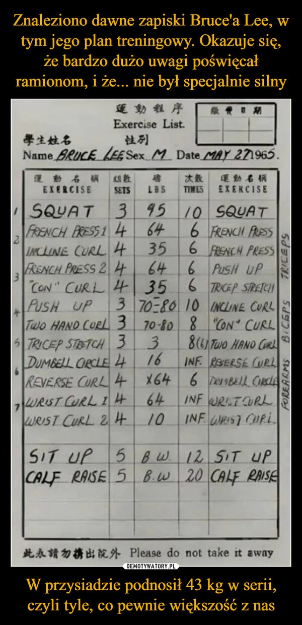 
    Znaleziono dawne zapiski Bruce'a Lee, w tym jego plan treningowy. Okazuje się, że bardzo dużo uwagi poświęcał ramionom, i że... nie był specjalnie silny W przysiadzie podnosił 43 kg w serii, czyli tyle, co pewnie większość z nas