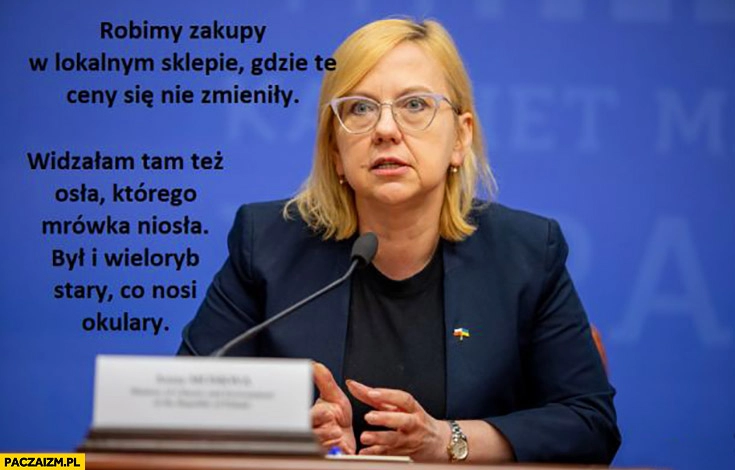 
    Anna Moskwa robiłam zakupy w sklepie gdzie ceny się nie zmieniły, widziałam tam też osła którego mrówka niosła był wieloryb stary co nosi okulary