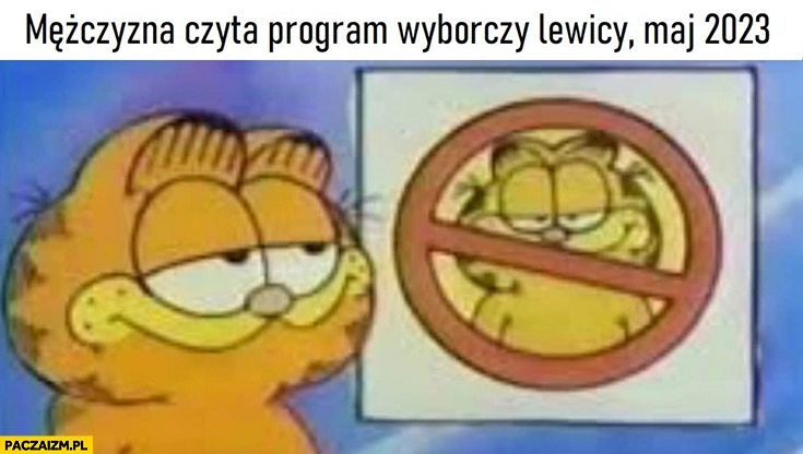 
    Mężczyzna czyta program wyborczy lewicy maj 2023 Garfield zakaz mężczyzn