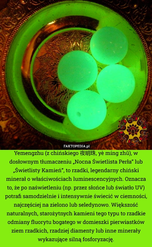 
    Yemengzhu (z chińskiego 夜明珠, yè míng zhū), w dosłownym tłumaczeniu „Nocna