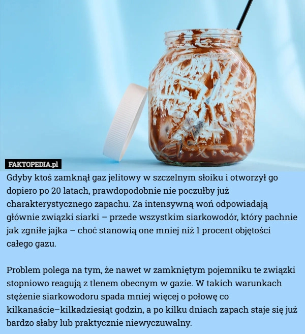 
    Gdyby ktoś zamknął gaz jelitowy w szczelnym słoiku i otworzył go dopiero