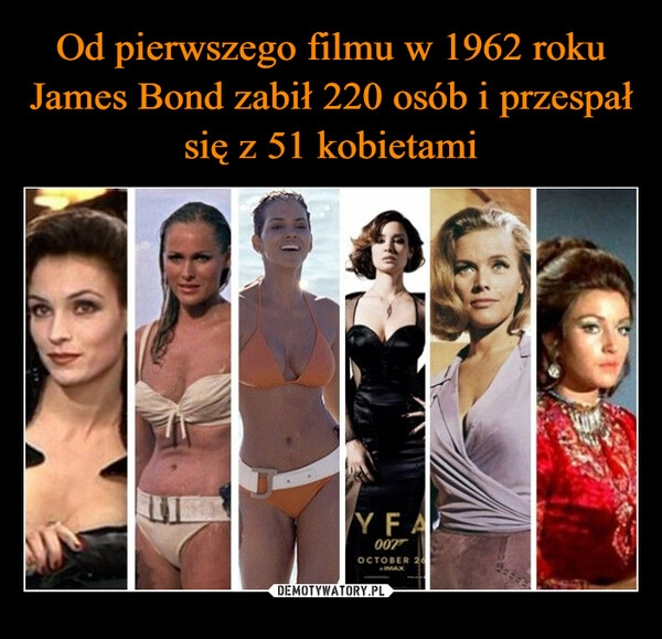 
    Od pierwszego filmu w 1962 roku James Bond zabił 220 osób i przespał się z 51 kobietami