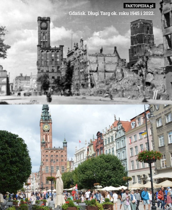 
    Gdańsk. Długi Targ ok. roku 1945 i 2022.