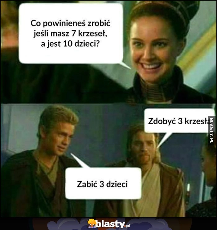 
    Co powinieneś zrobić jeśli masz 7 krzeseł a jest 10 dzieci, zdobyć 3 krzesła, zabić 3 dzieci Star Wars Gwiezdne Wojny