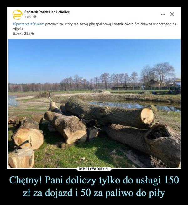 
    Chętny! Pani doliczy tylko do usługi 150 zł za dojazd i 50 za paliwo do piły