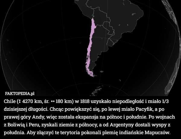 
    Chile (⭥ 4270 km, śr. ⭤  180 km) w 1818 uzyskało niepodległość i miało 1/3...