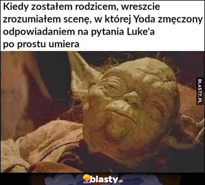 
    Kiedy zostałem rodzicem wreszcie zrozumiałem scenę, w której Yoda zmęczony odpowiadaniem na pytania Luke'a po prostu umiera