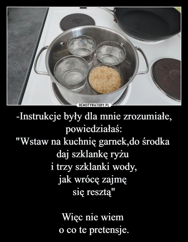 
    -Instrukcje były dla mnie zrozumiałe,
powiedziałaś:
"Wstaw na kuchnię garnek,do środka 
daj szklankę ryżu 
i trzy szklanki wody,
jak wrócę zajmę 
się resztą"

Więc nie wiem 
o co te pretensje.