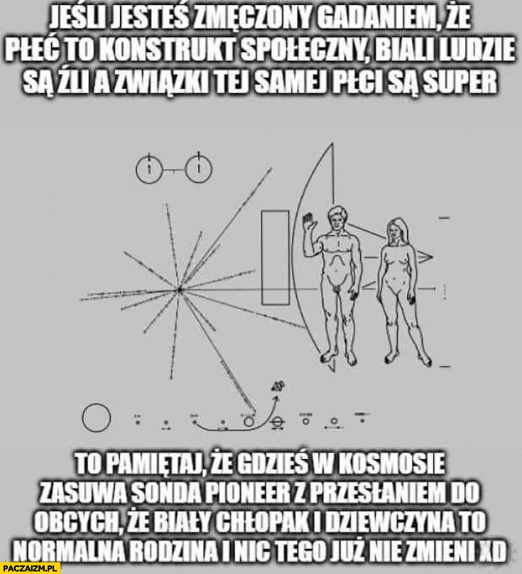 
    Jeśli jesteś zmęczony gadaniem ze płeć to konstrukt społeczny pamiętaj, że w kosmosie zasuwa sonda z przesłaniem do obcych ze chłopak i dziewczyna to normalna rodzina