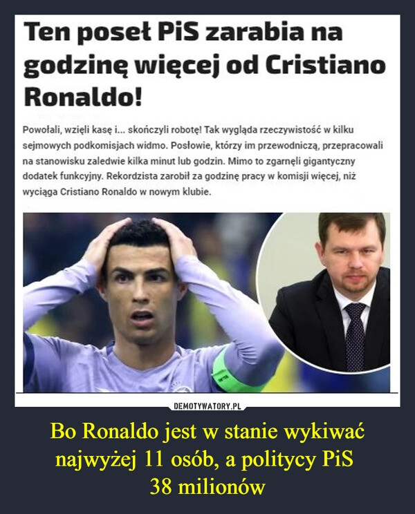 
    Bo Ronaldo jest w stanie wykiwać najwyżej 11 osób, a politycy PiS
38 milionów 