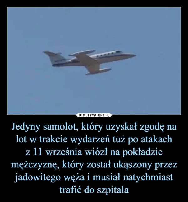 
    Jedyny samolot, który uzyskał zgodę na lot w trakcie wydarzeń tuż po atakach
z 11 września wiózł na pokładzie mężczyznę, który został ukąszony przez jadowitego węża i musiał natychmiast trafić do szpitala