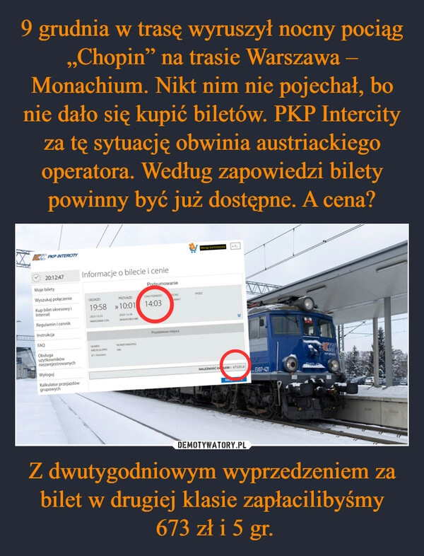 
    9 grudnia w trasę wyruszył nocny pociąg „Chopin” na trasie Warszawa – Monachium. Nikt nim nie pojechał, bo nie dało się kupić biletów. PKP Intercity za tę sytuację obwinia austriackiego operatora. Według zapowiedzi bilety powinny być już dostępne. A cena? Z dwutygodniowym wyprzedzeniem za bilet w drugiej klasie zapłacilibyśmy
 673 zł i 5 gr.