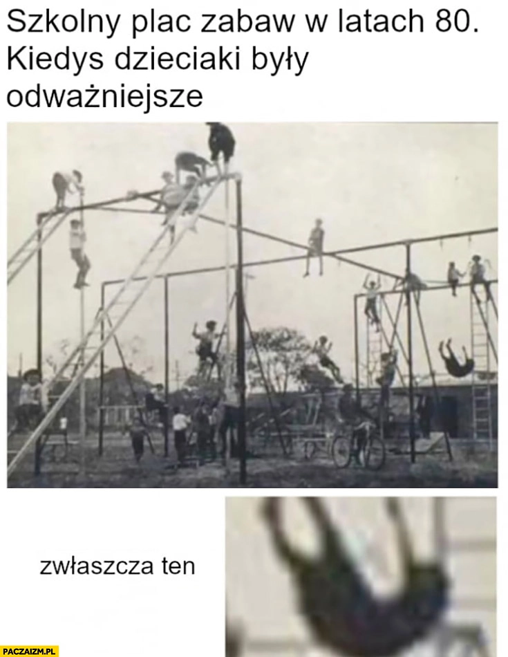 
    Szkolny plac zabaw w latach 80 kiedyś dzieciaki były odważniejsze zwłaszcza ten dzieciak leci spada