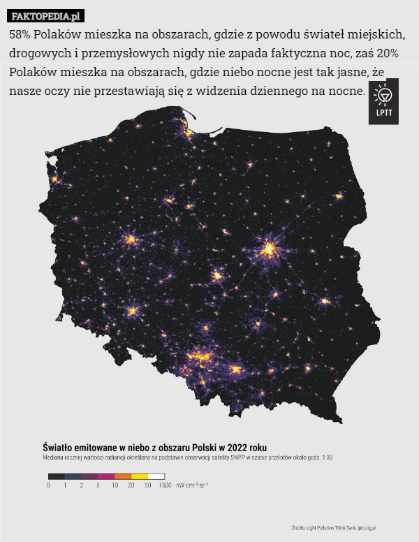 
    58% Polaków mieszka na obszarach, gdzie z powodu świateł miejskich, drogowych