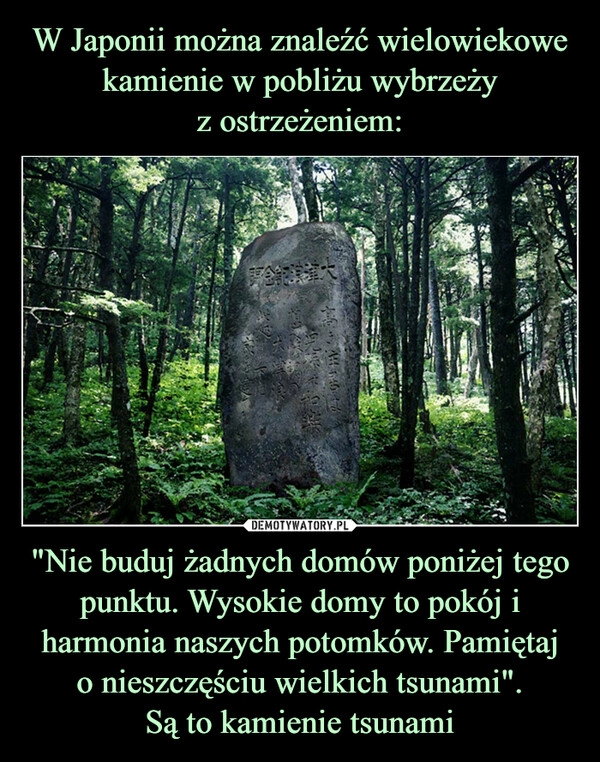 
    W Japonii można znaleźć wielowiekowe kamienie w pobliżu wybrzeży
z ostrzeżeniem: "Nie buduj żadnych domów poniżej tego punktu. Wysokie domy to pokój i harmonia naszych potomków. Pamiętaj
o nieszczęściu wielkich tsunami".
Są to kamienie tsunami