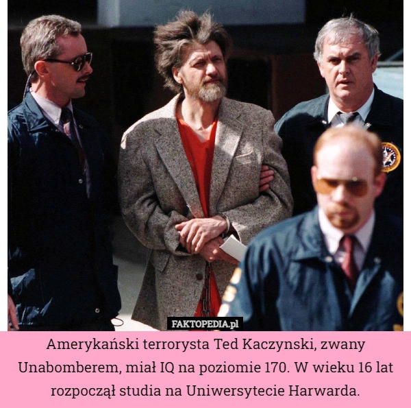 
    Amerykański terrorysta Ted Kaczynski, zwany Unabomberem, miał IQ na poziomie