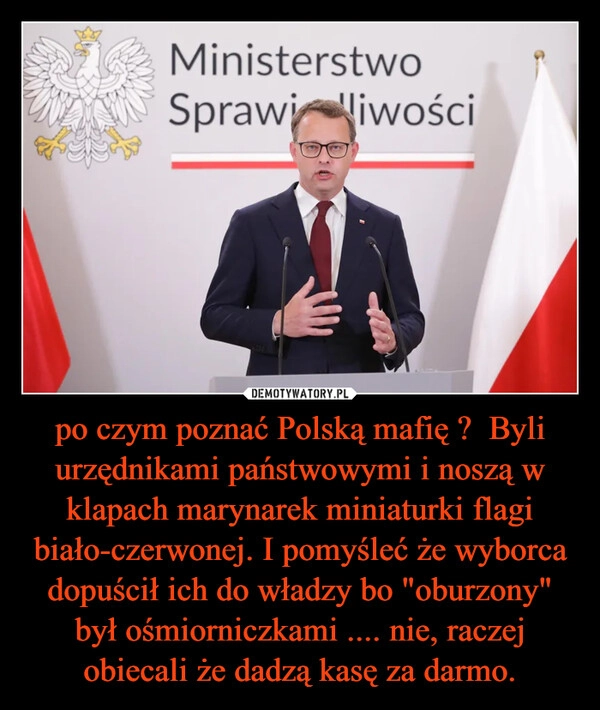 
    po czym poznać Polską mafię ?  Byli urzędnikami państwowymi i noszą w klapach marynarek miniaturki flagi biało-czerwonej. I pomyśleć że wyborca dopuścił ich do władzy bo "oburzony" był ośmiorniczkami .... nie, raczej obiecali że dadzą kasę za darmo.