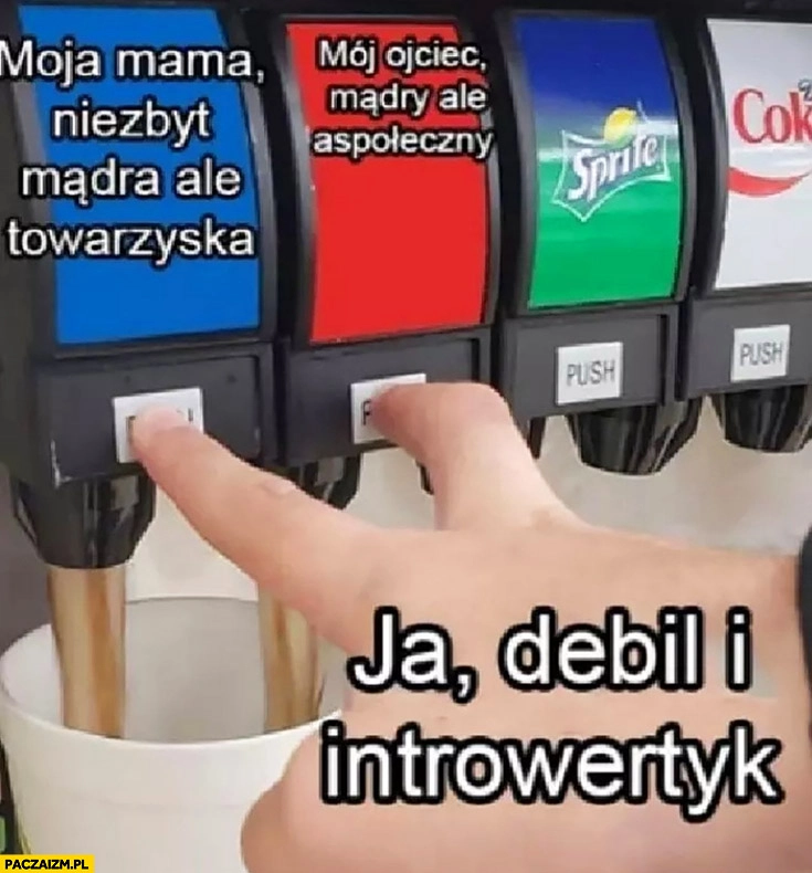 
    Moja mama niezbyt mądra ale towarzyska mój ojciec mądry ale aspołeczny ja debil i introwertyk nalewa z obu