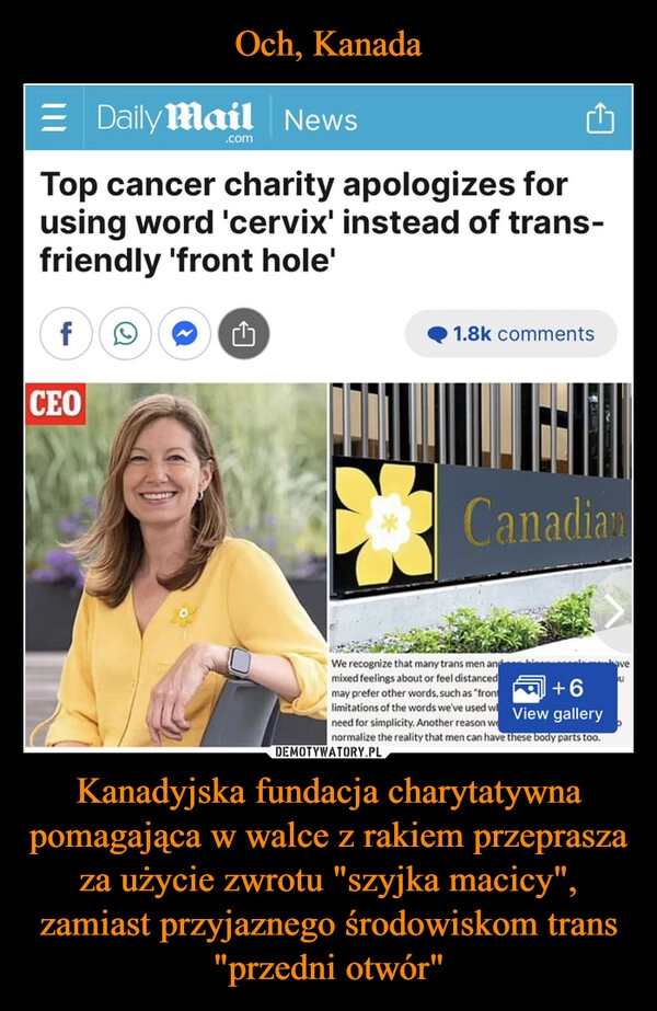 
    Och, Kanada Kanadyjska fundacja charytatywna pomagająca w walce z rakiem przeprasza za użycie zwrotu "szyjka macicy", zamiast przyjaznego środowiskom trans "przedni otwór"