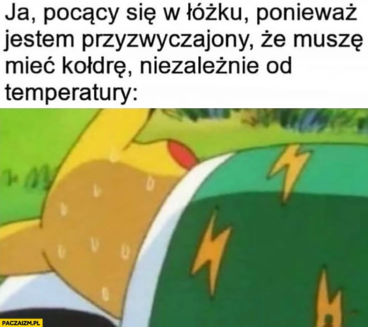 
    Pikachu ja pocący się w łóżku ponieważ jestem przyzwyczajony, że muszę mieć kołdrę niezależnie od temperatury