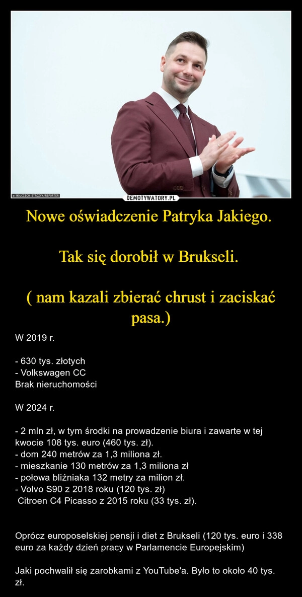 
    Nowe oświadczenie Patryka Jakiego. 

Tak się dorobił w Brukseli. 

( nam kazali zbierać chrust i zaciskać pasa.)