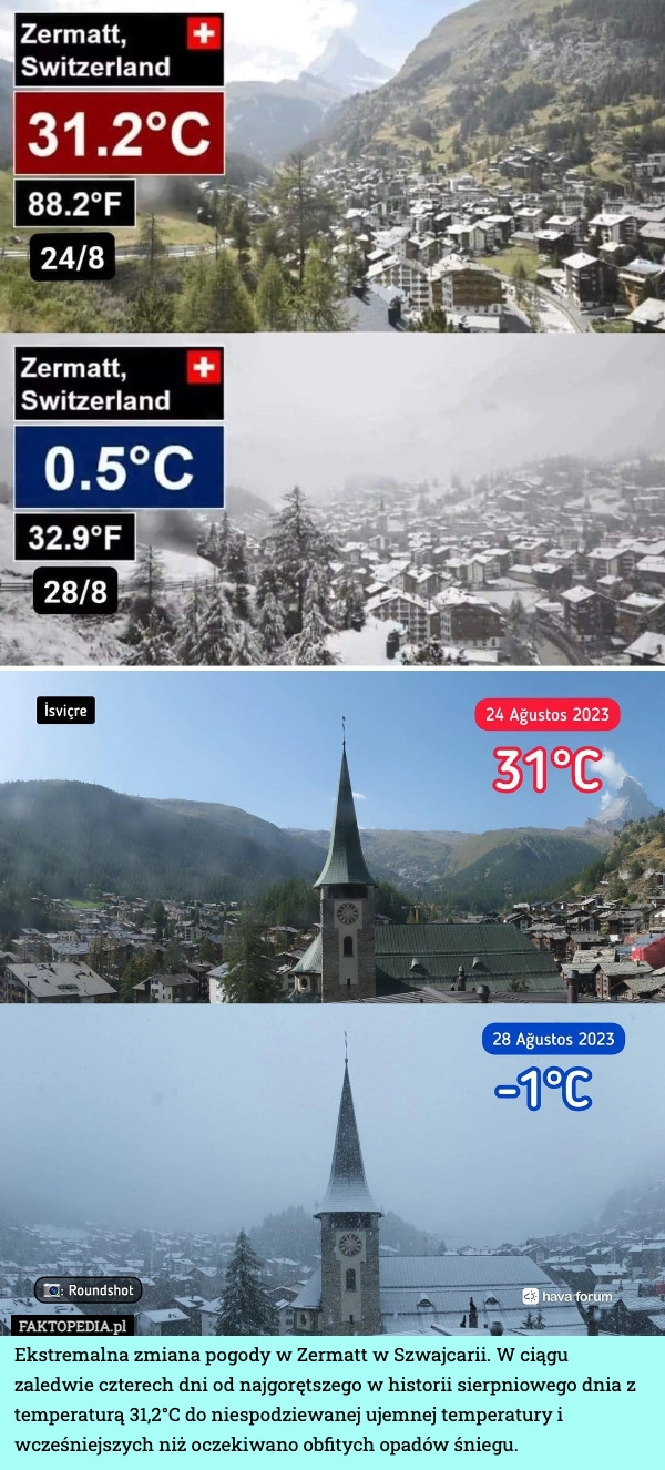 
    Ekstremalna zmiana pogody w Zermatt w Szwajcarii. W ciągu zaledwie czterech