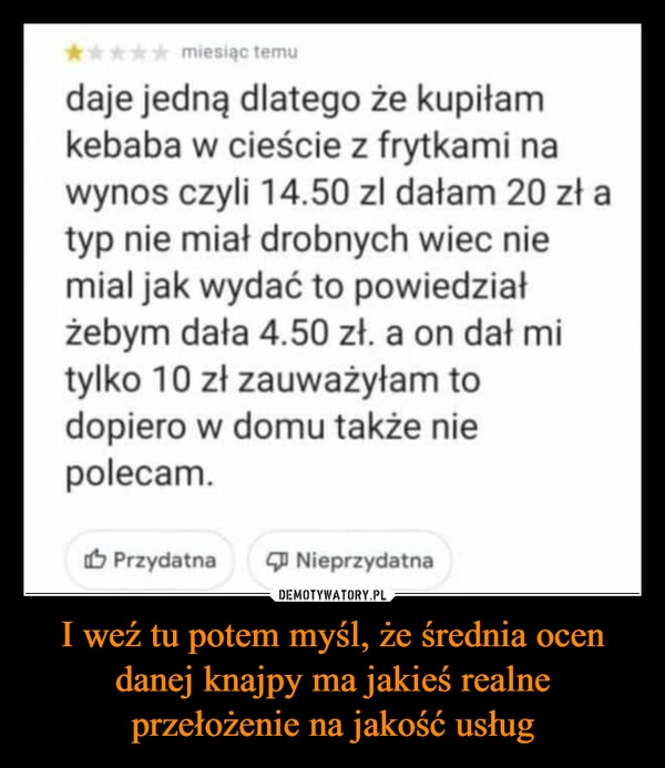 
    I weź tu potem myśl, że średnia ocen danej knajpy ma jakieś realne przełożenie na jakość usług