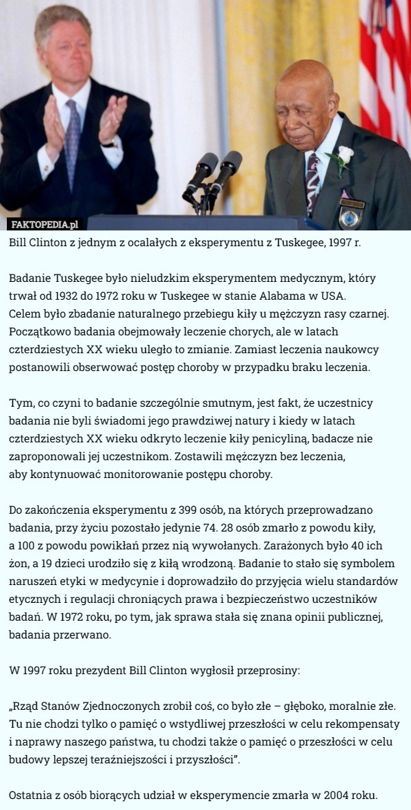 
    Bill Clinton z jednym z ocalałych z eksperymentu z Tuskegee, 1997 r. Badanie...