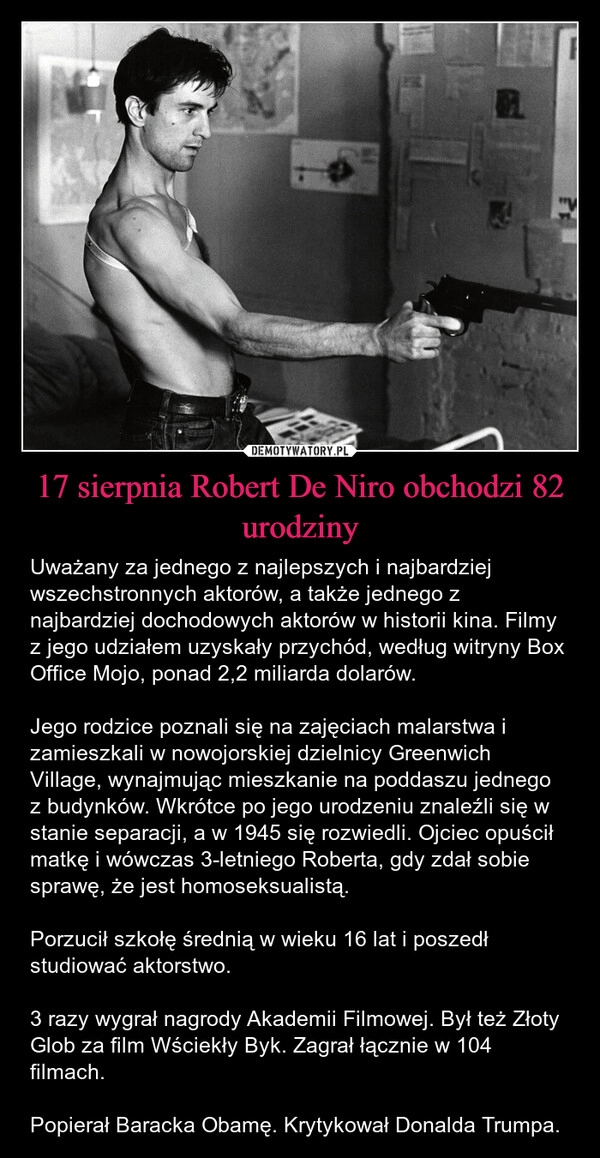 
    17 sierpnia Robert De Niro obchodzi 82 urodziny