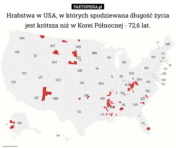 
    Hrabstwa w USA, w których spodziewana długość życia jest krótsza niż w Korei