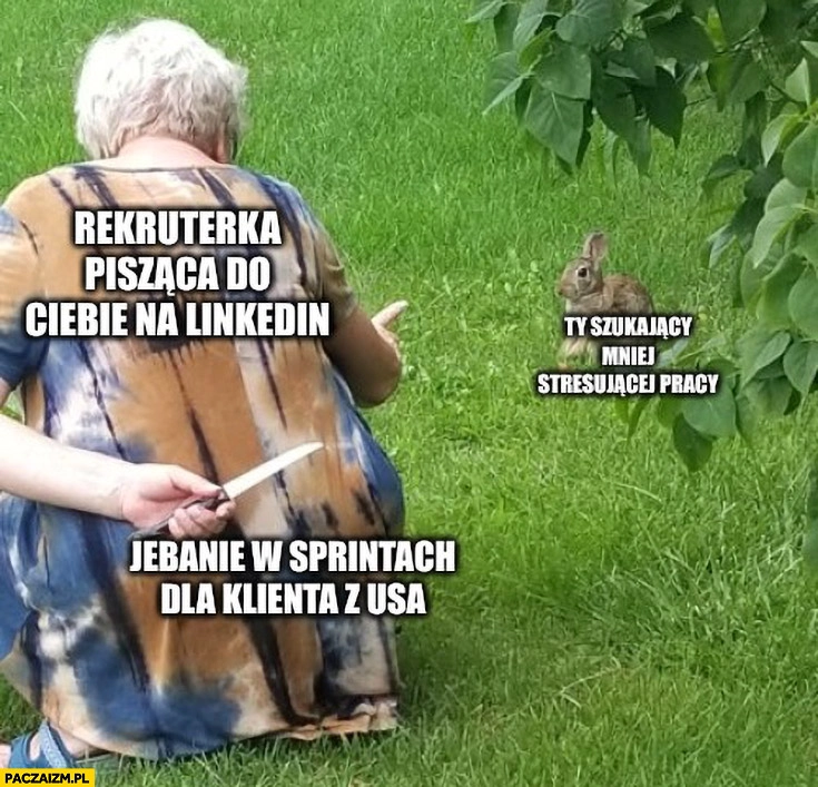 
    Rekruterka pisząca do ciebie na Linkedin, ty szukający mniej stresującej pracy, jechanie w sprintach dla klienta z USA
