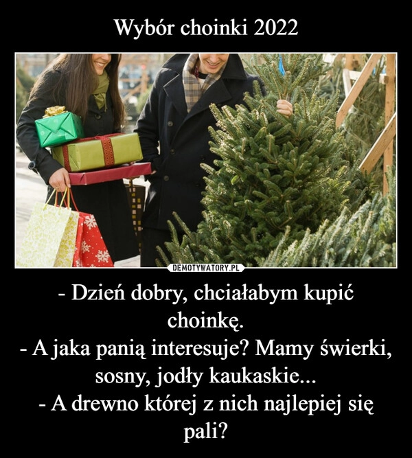 
    
Wybór choinki 2022 - Dzień dobry, chciałabym kupić choinkę.
- A jaka panią interesuje? Mamy świerki, sosny, jodły kaukaskie...
- A drewno której z nich najlepiej się pali? 